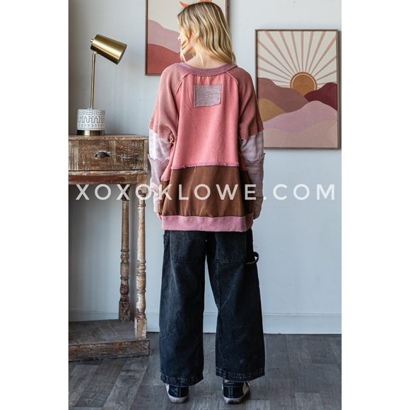 Oli & Hali All In The Cuff Mixed Print Washed Pullover in Pink Berry - Picture 8 of 10